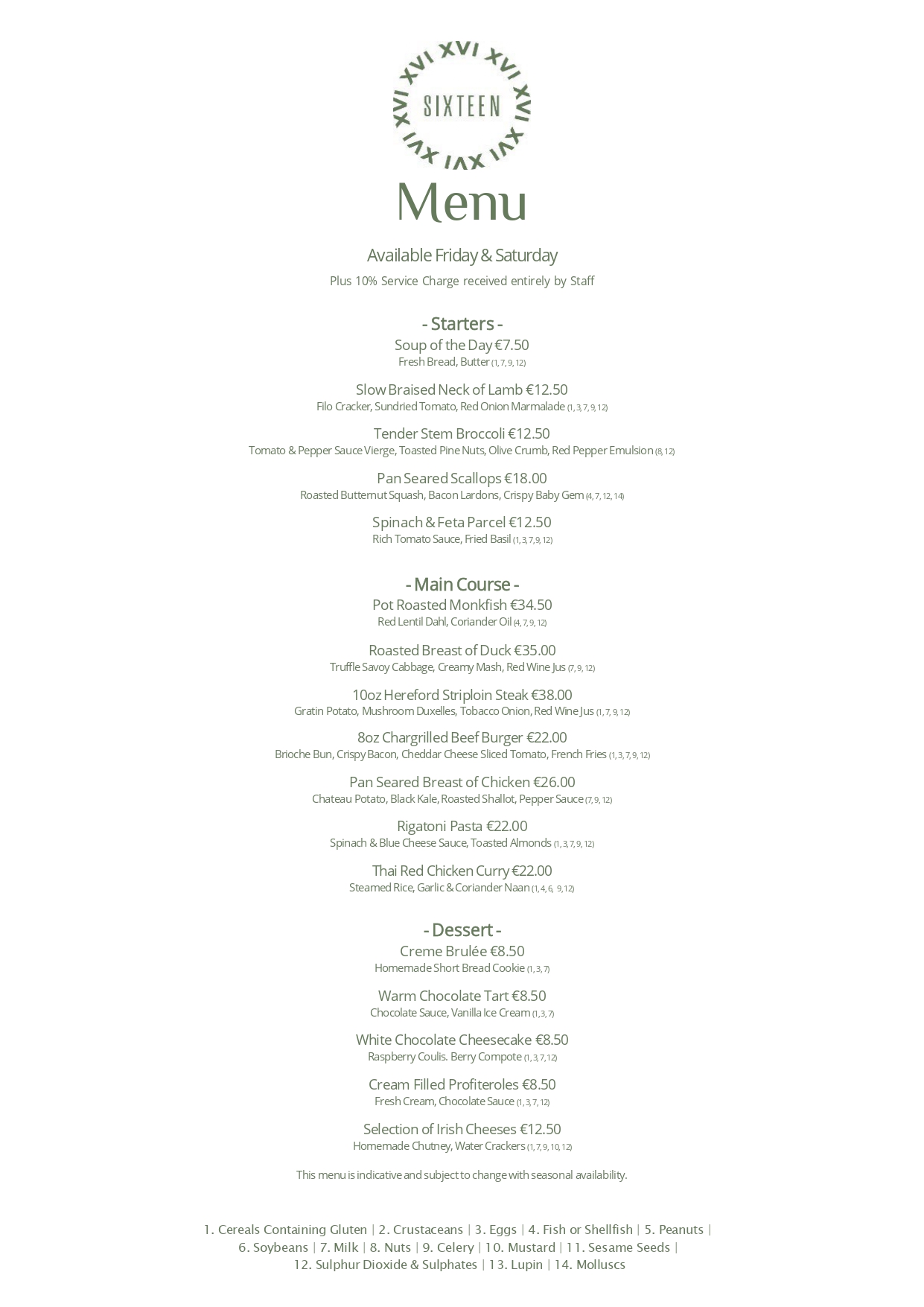 Sixteen Restaurant Menu